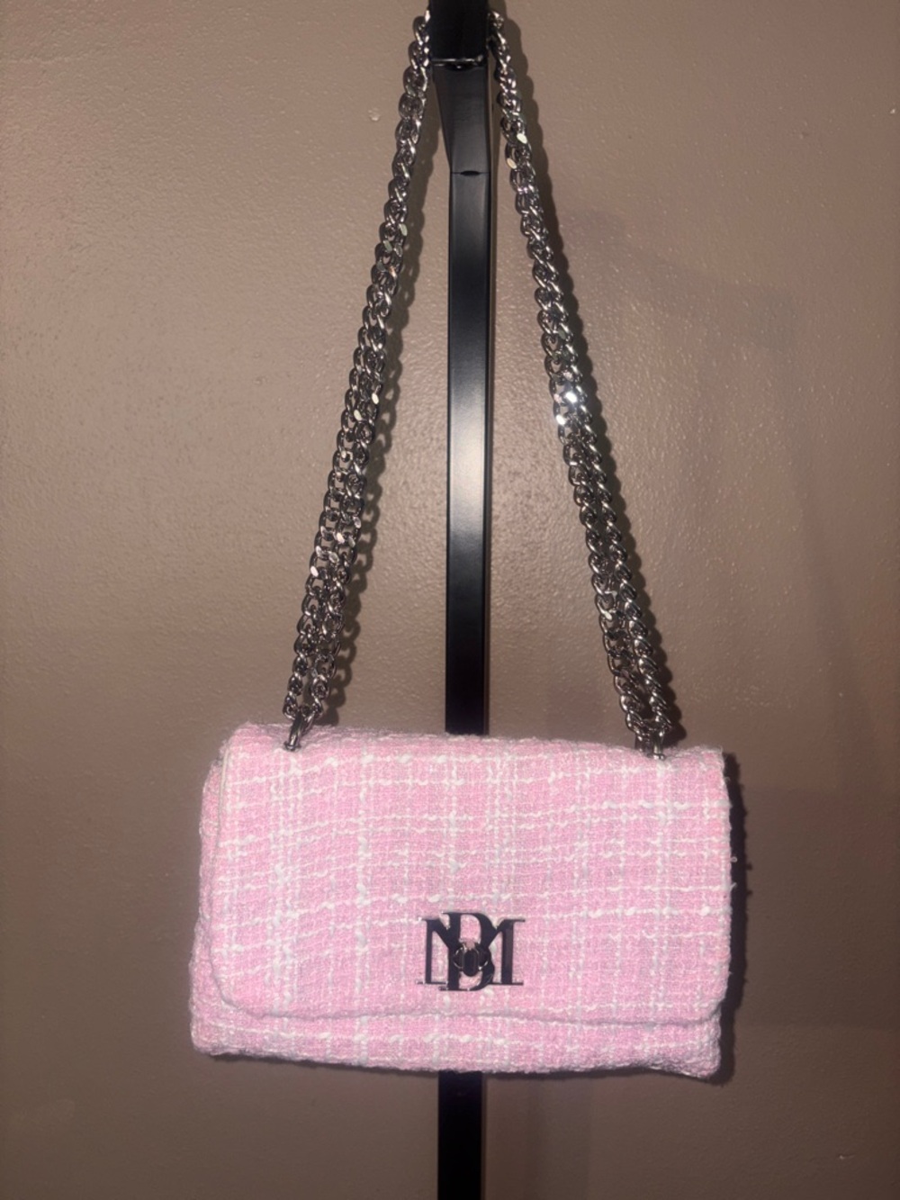 Badgley Mischka Pink Tweed Chain Shoulder Bag with Silver Hardware